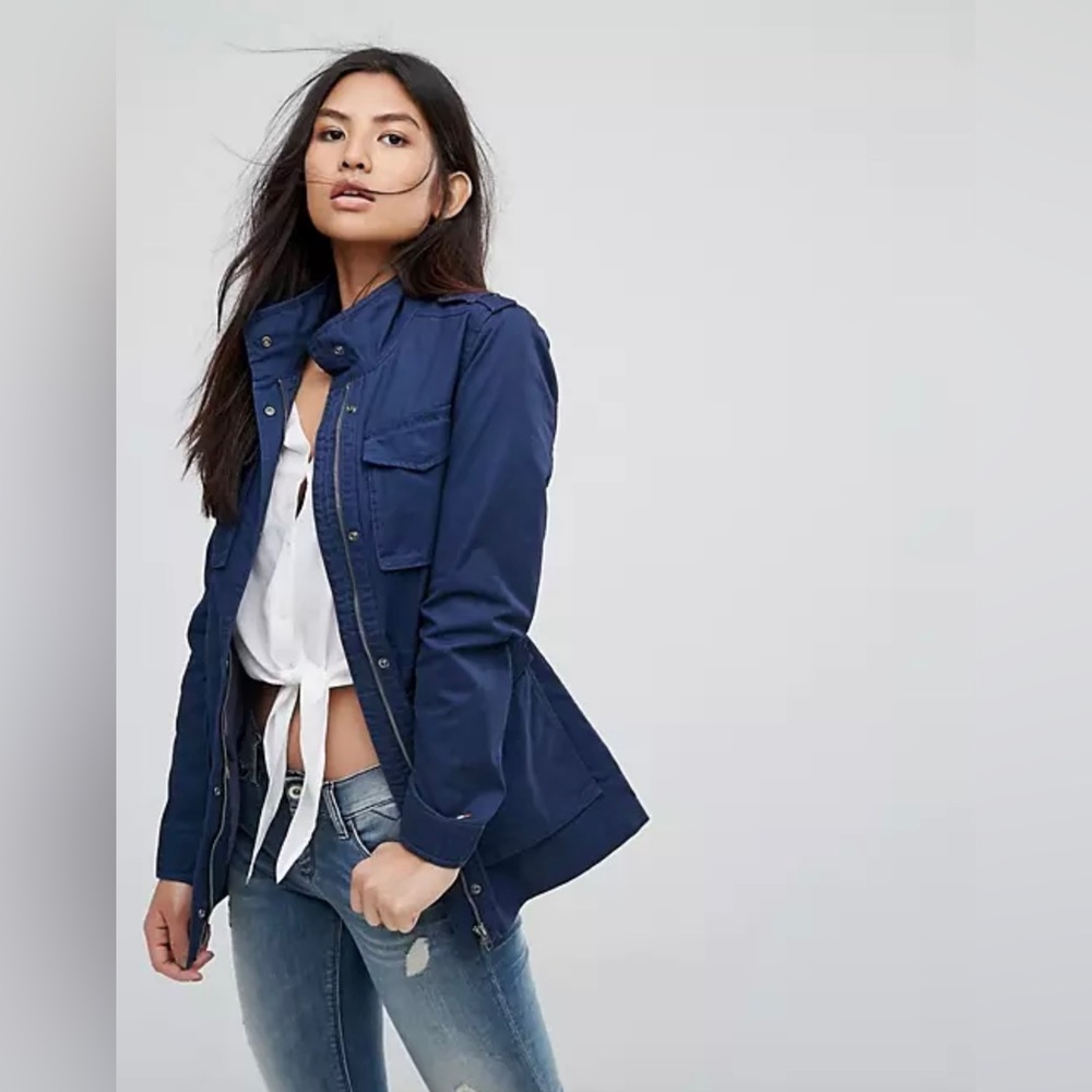 Navy 100% Cotton Fit Flare Utility Jacket Bohemian Military Women Medium